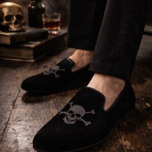 Steve Madden Men's Black Velvet Skull Loafers Churchill cranium smoking slippers